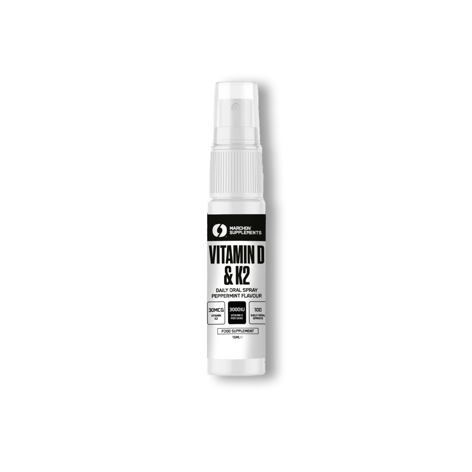 A spray bottle labeled VITAMIN D3 & K2 in white and silver colors.