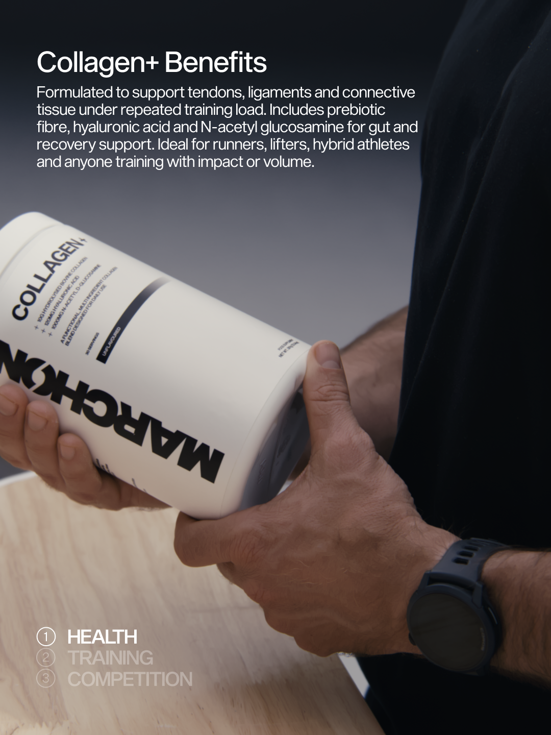 Person holding a supplement container labeled 'Collagen+' with text about its benefits.