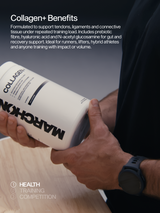 Person holding a supplement container labeled 'Collagen+' with text about its benefits.