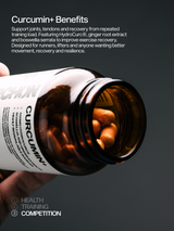 Curcumin supplement bottle with pills spilling out on a dark background
