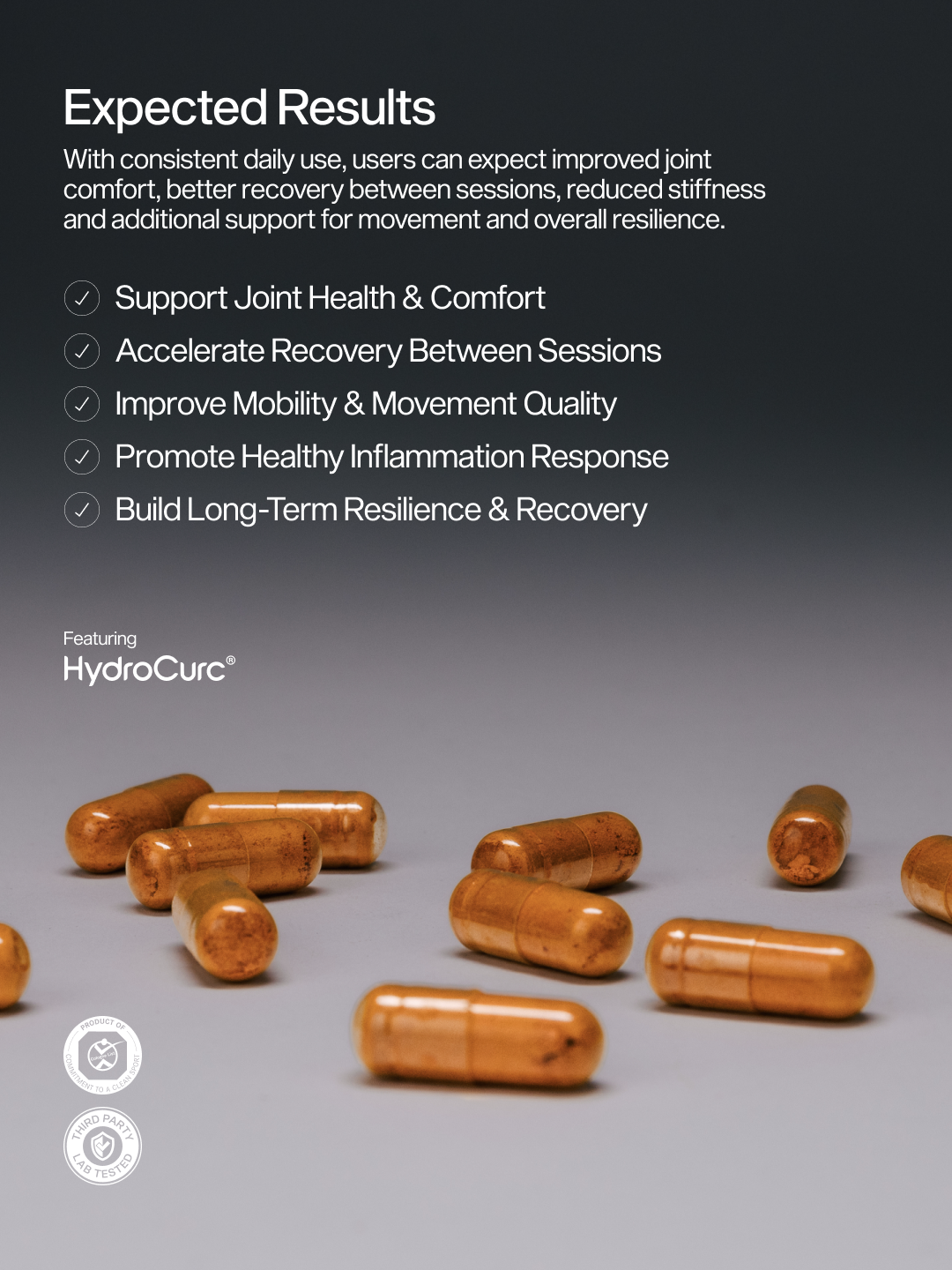 Curcumin capsules with text about expected results and HydroCurc brand on a gradient background
