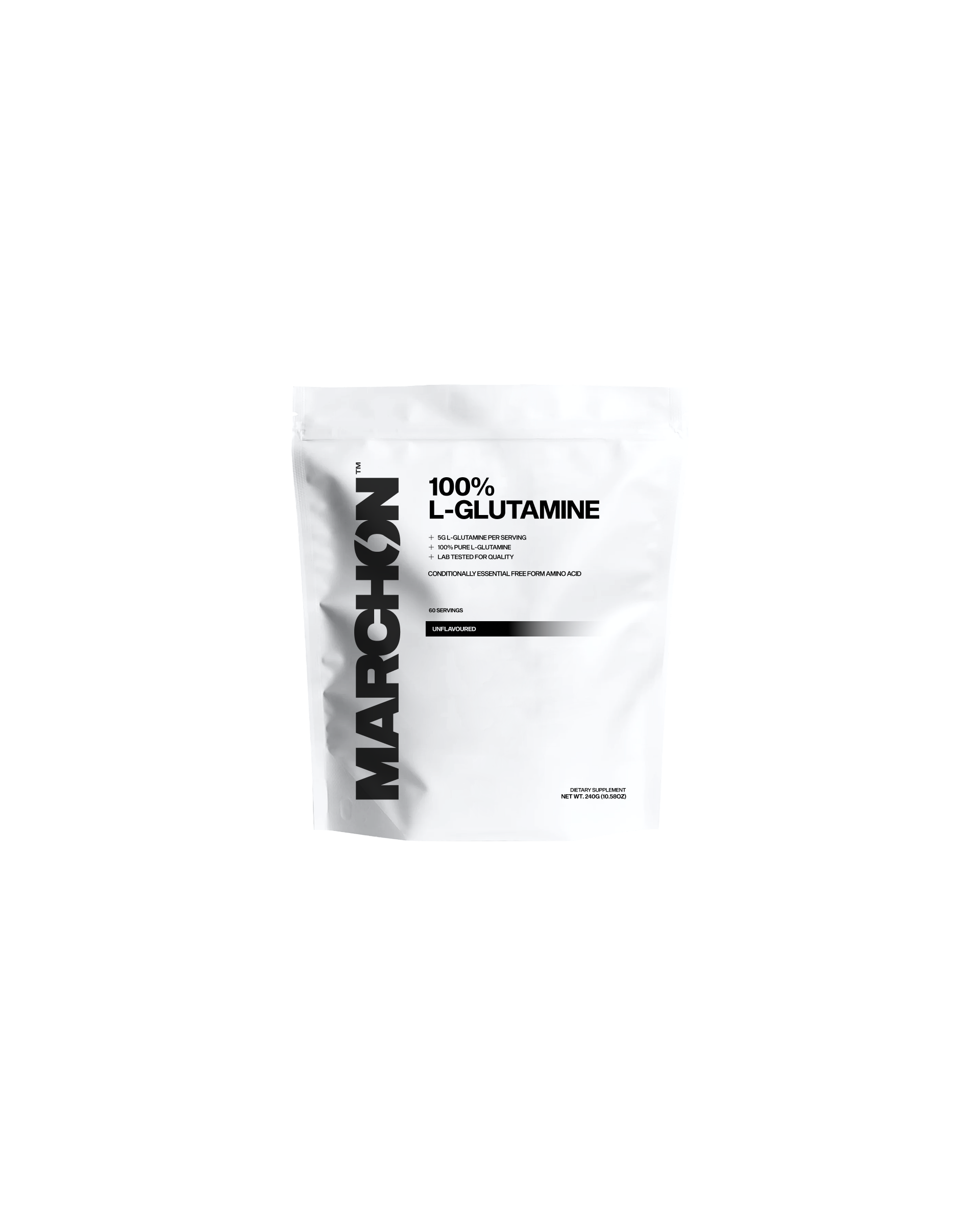 A white packet of MARCHON 100% L-Glutamine supplement against a black background.