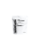 A white packet of MARCHON 100% L-Glutamine supplement against a black background.