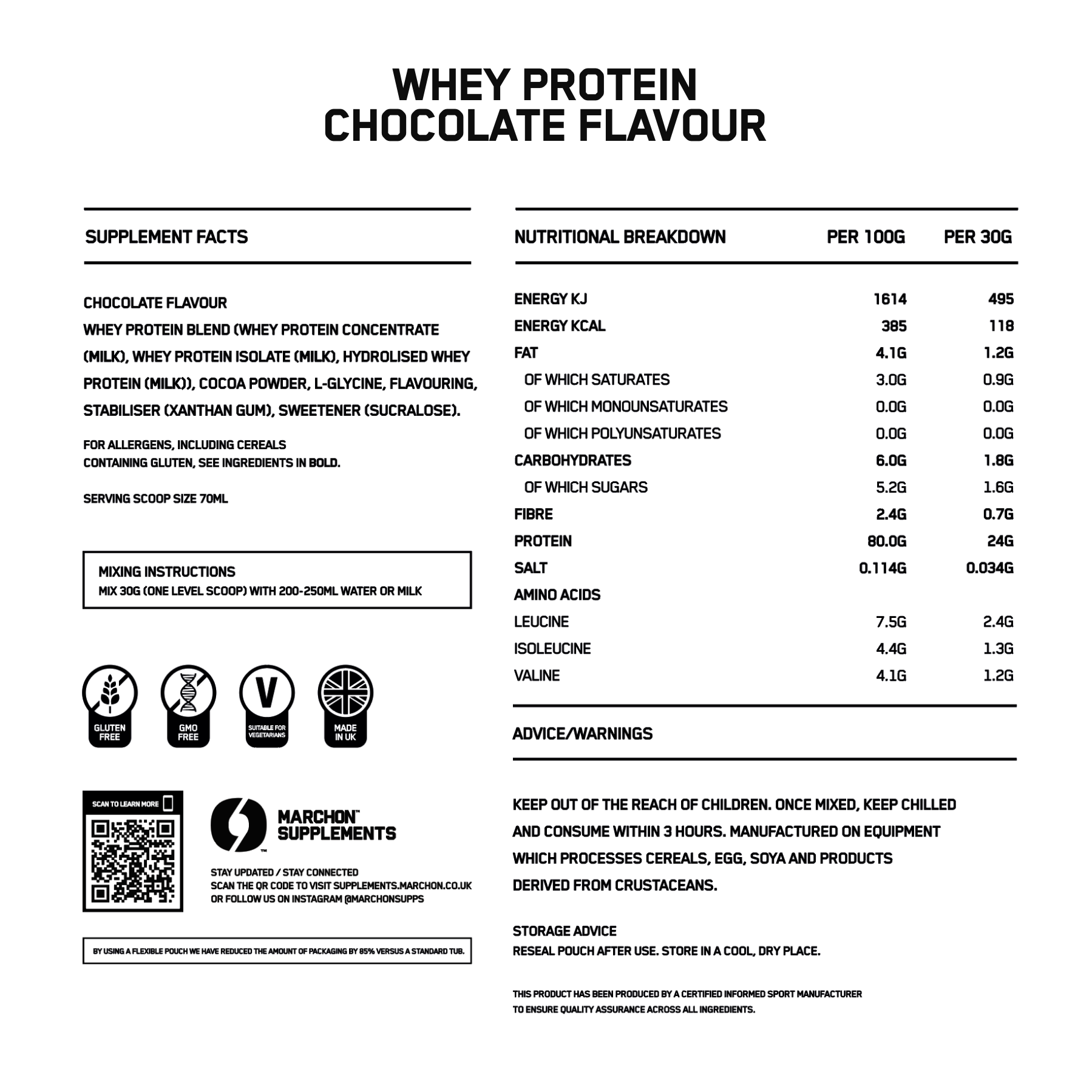 The label for MARCHON chocolate whey protein powder nutritional breakdown