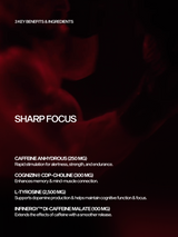 Text detailing MARCHON pre-workout benefits and ingredients for sharp focus with a red and black background.