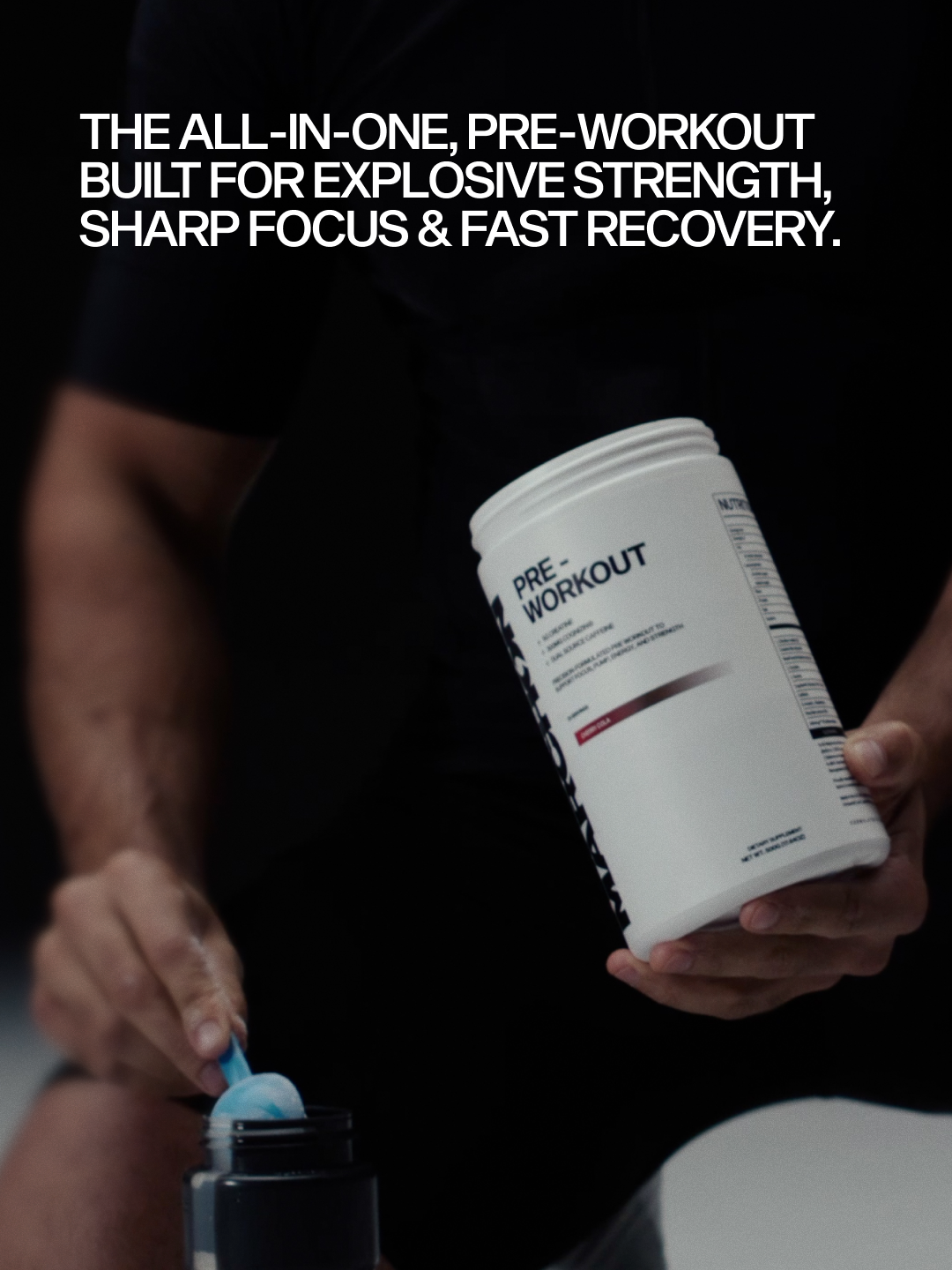 MARCHON pre-workout supplement container with text about explosive strength, focus, and recovery.