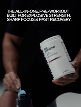 MARCHON pre-workout supplement container with text about explosive strength, focus, and recovery.