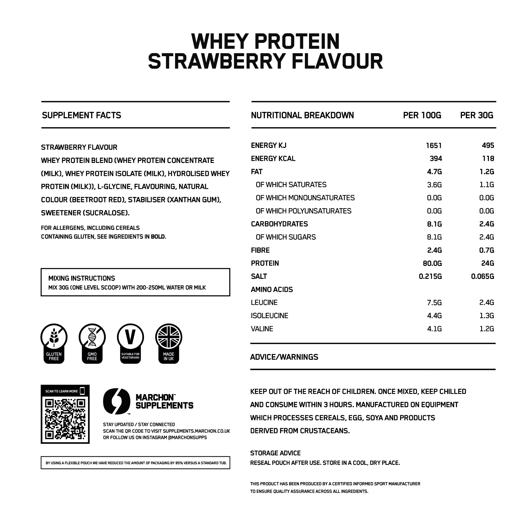The label for MARCHON strawberry whey protein powder nutritional breakdown