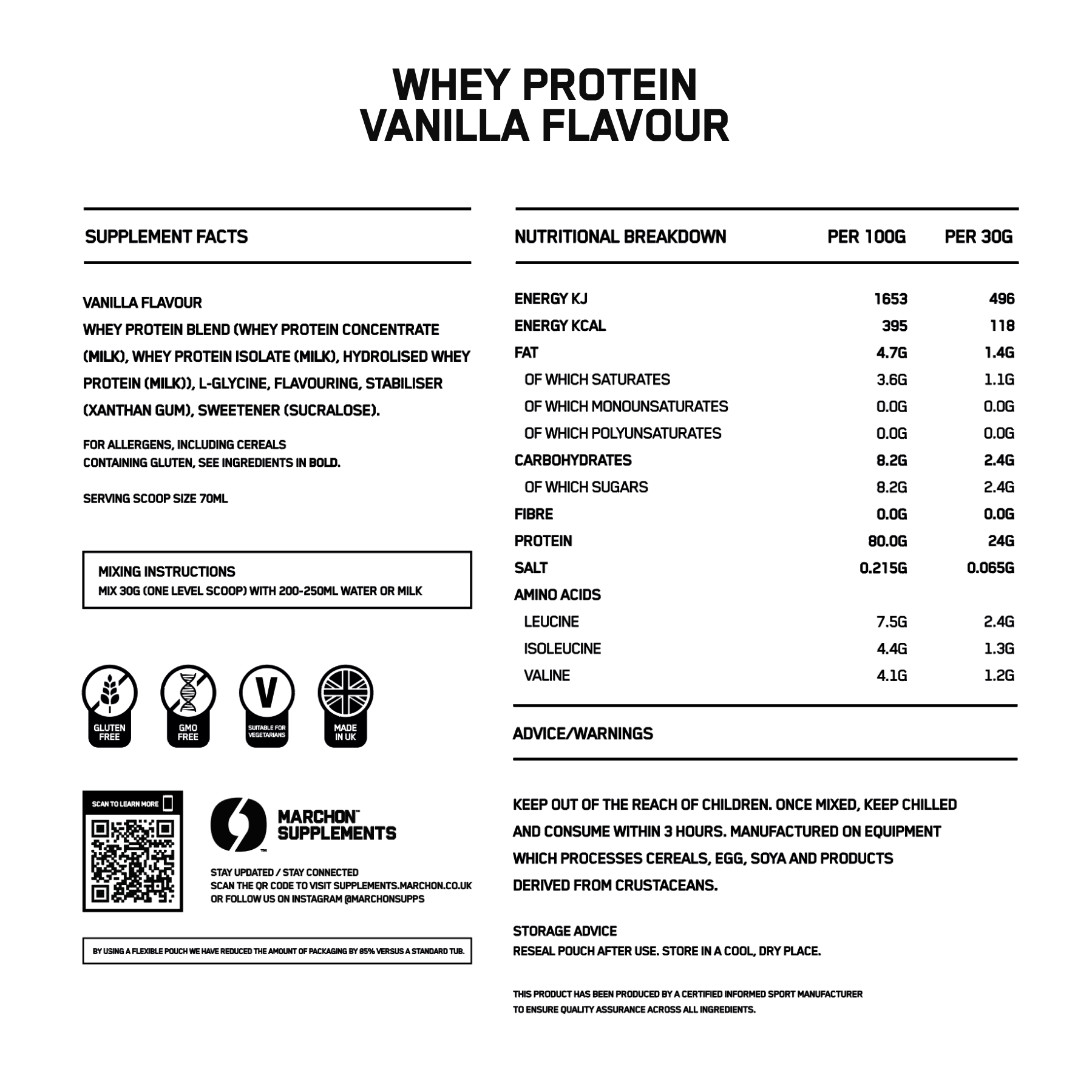 The label for MARCHON vanilla whey protein powder nutritional breakdown