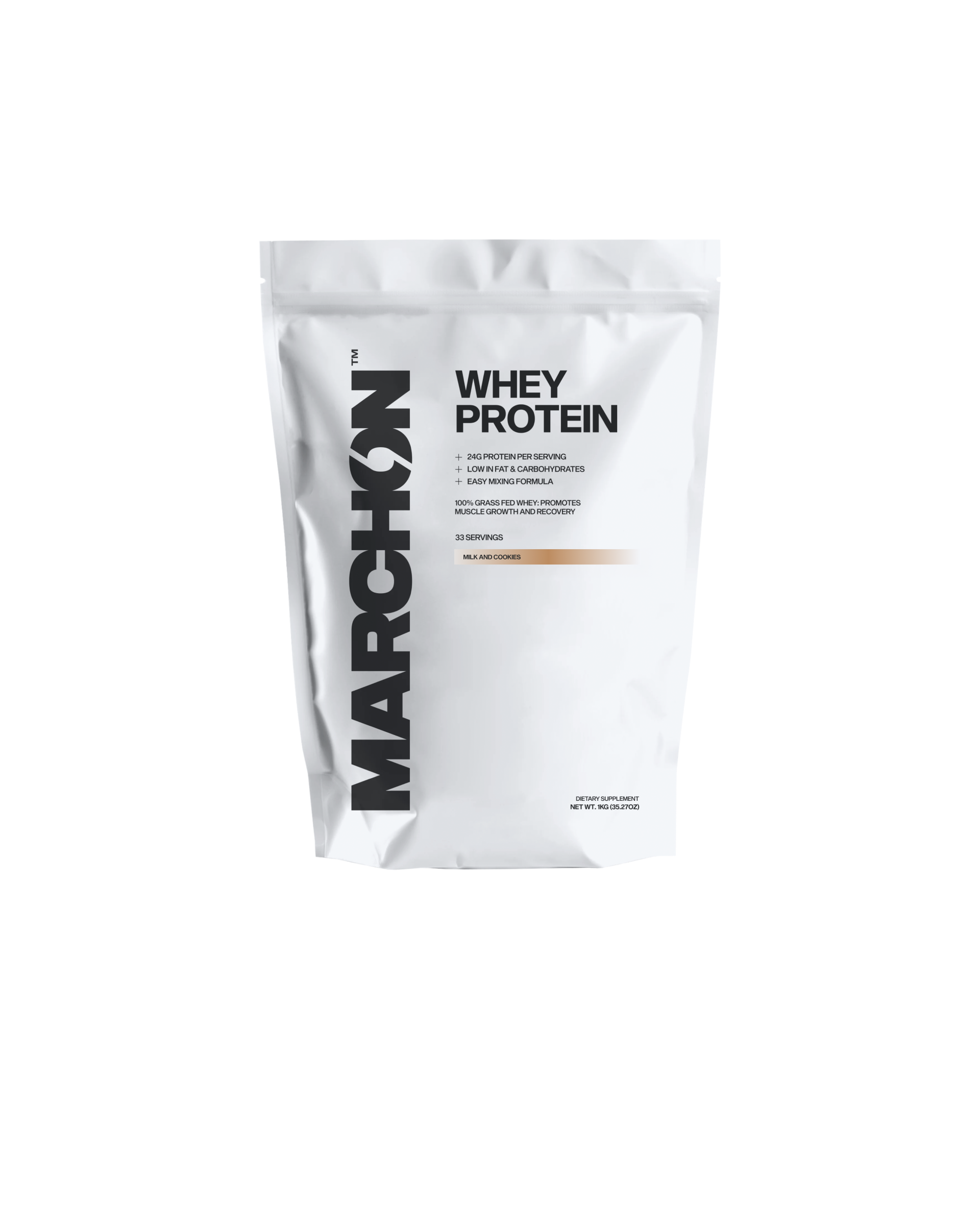 A container of MARCHON Milk & Cookies Whey Protein powder.