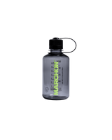 A clear Nalgene water bottle 500ml with green text and detailing, featuring a carabiner clip.