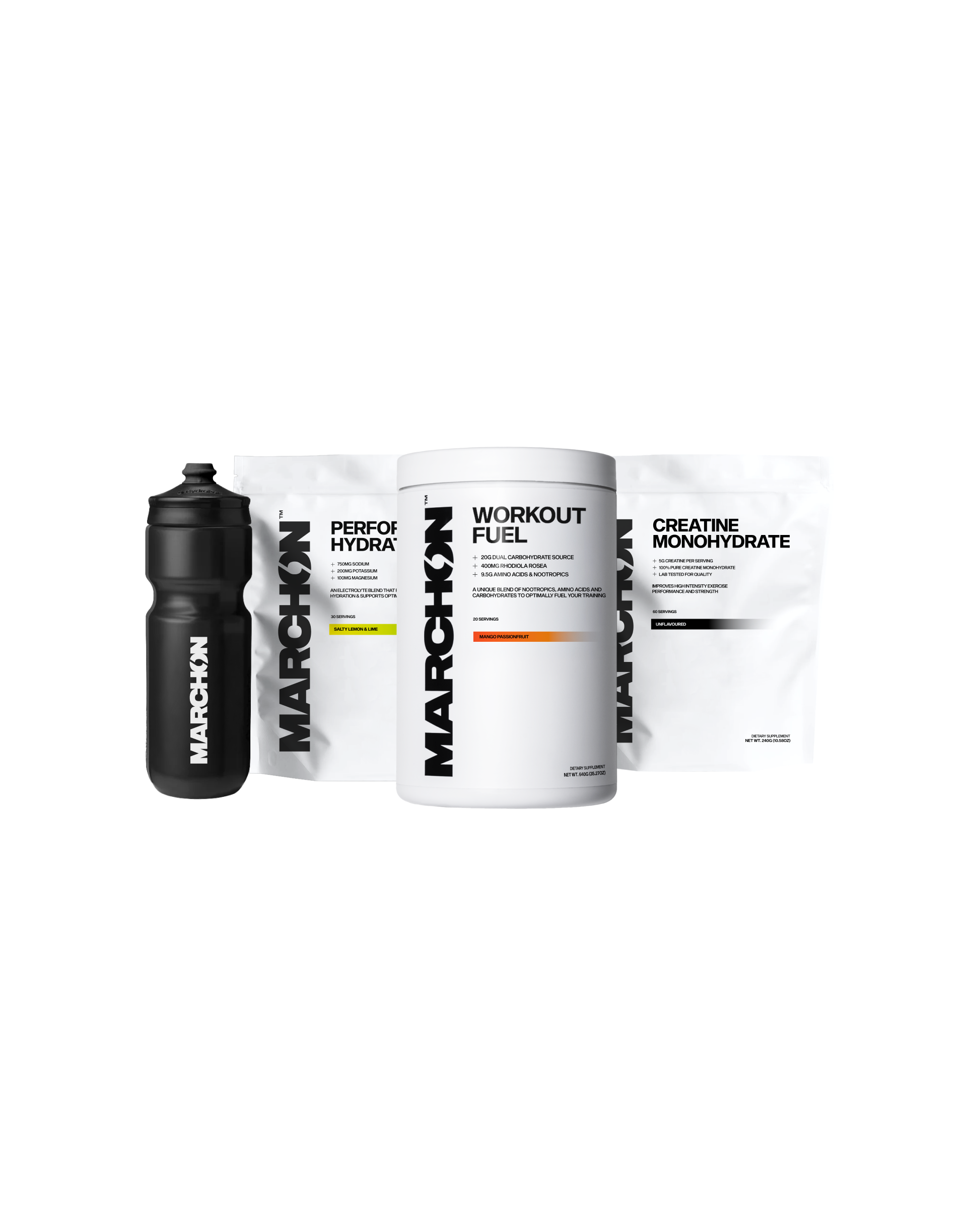 Collection of Marchon sports nutrition products which are Ollies Daily Workout Stack