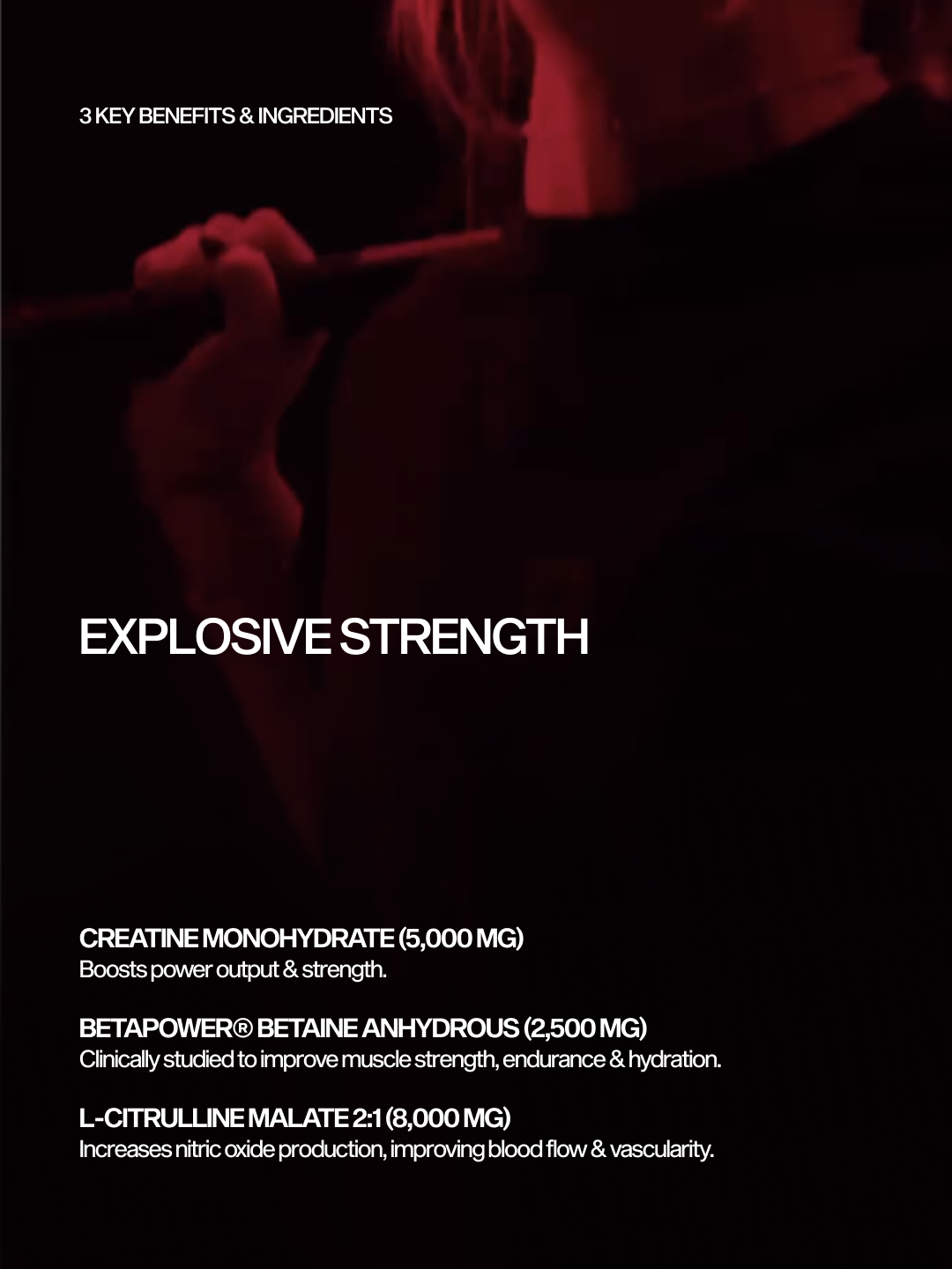 MARCHON pre-workout product advertisement for explosive strength with key pre-workout benefits and ingredients listed.