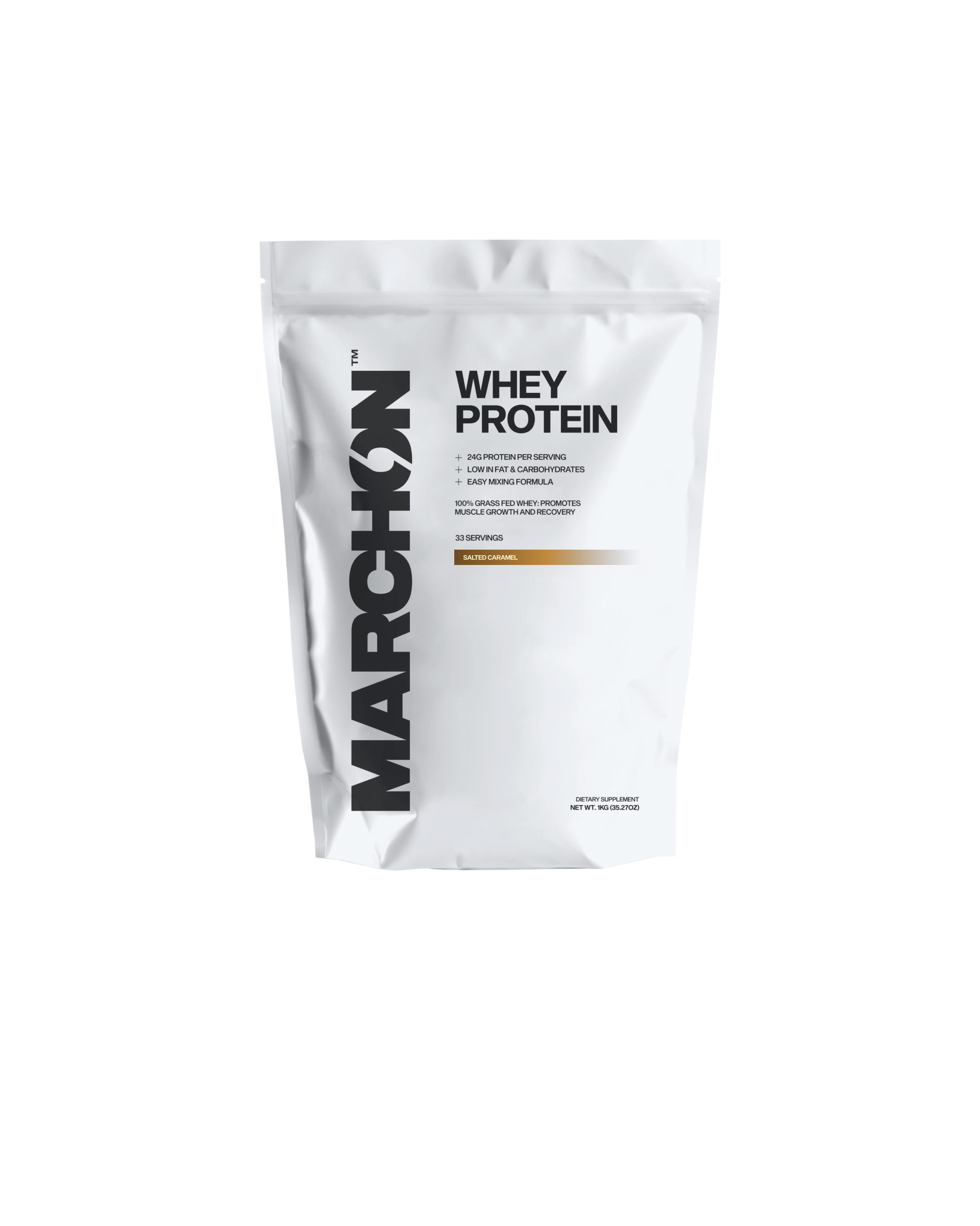 A container of MARCHON Salted Caramel Whey Protein powder.