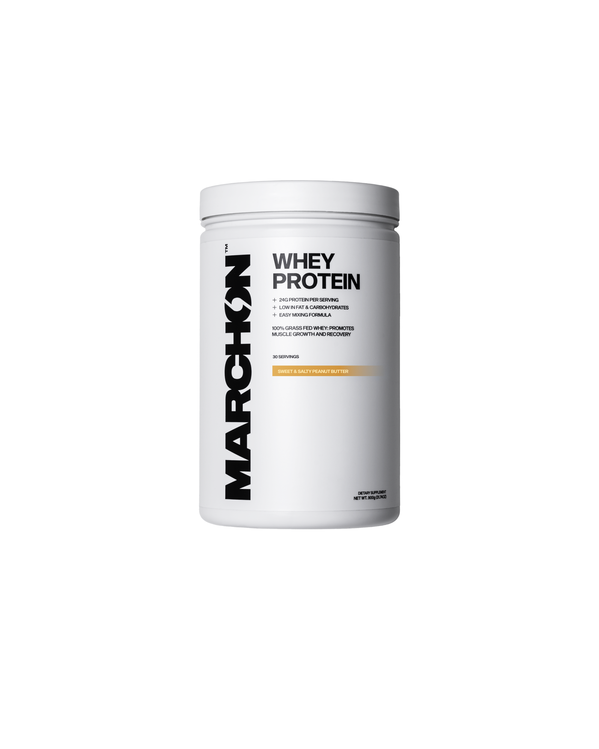 A container of MARCHON Sweet & Salty Peanut Butter Whey Protein powder.