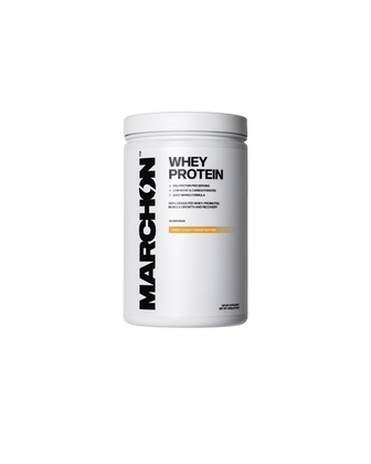 A container of MARCHON Sweet & Salty Peanut Butter Whey Protein powder.