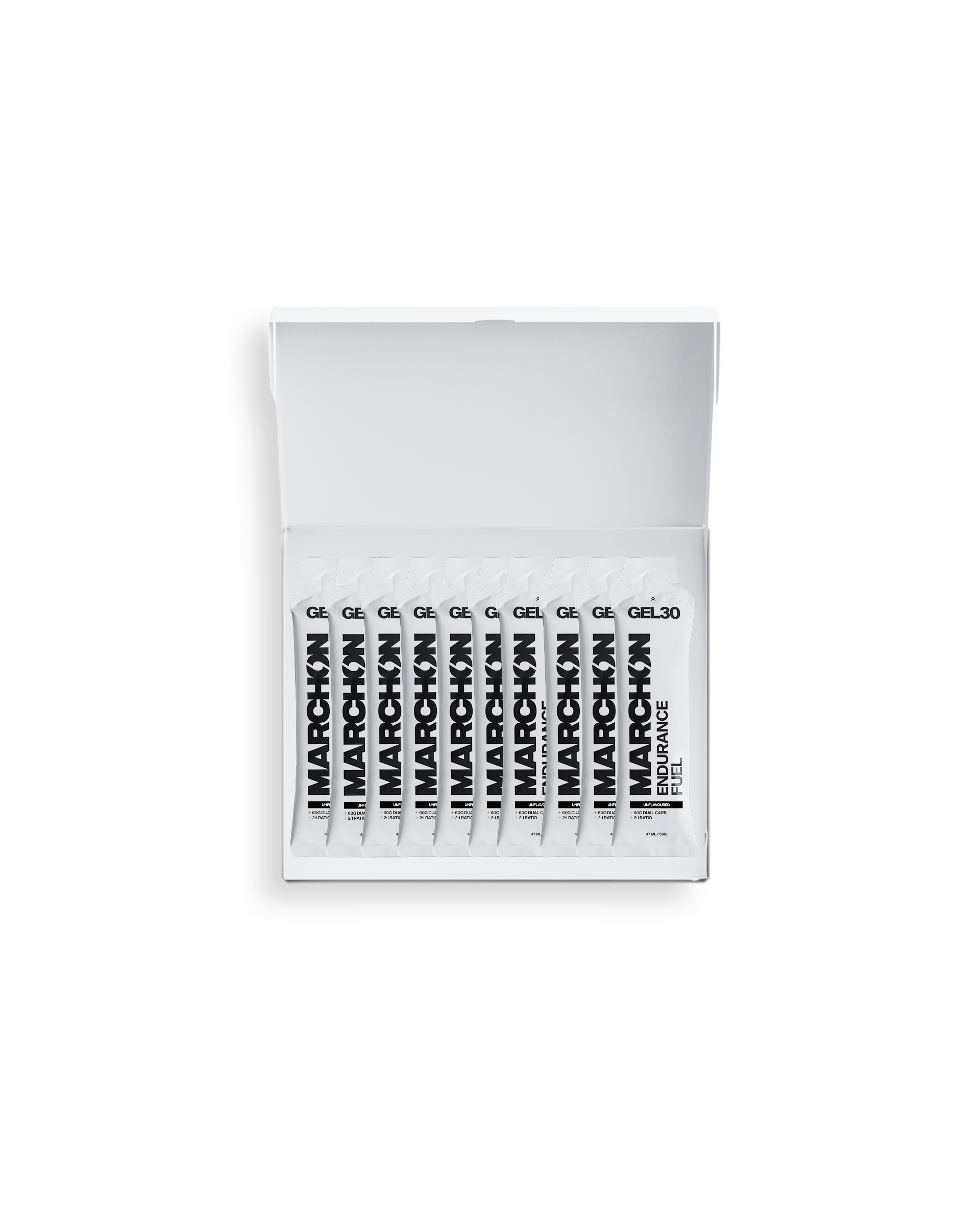 Open box of MARCHON unflavoured running gels