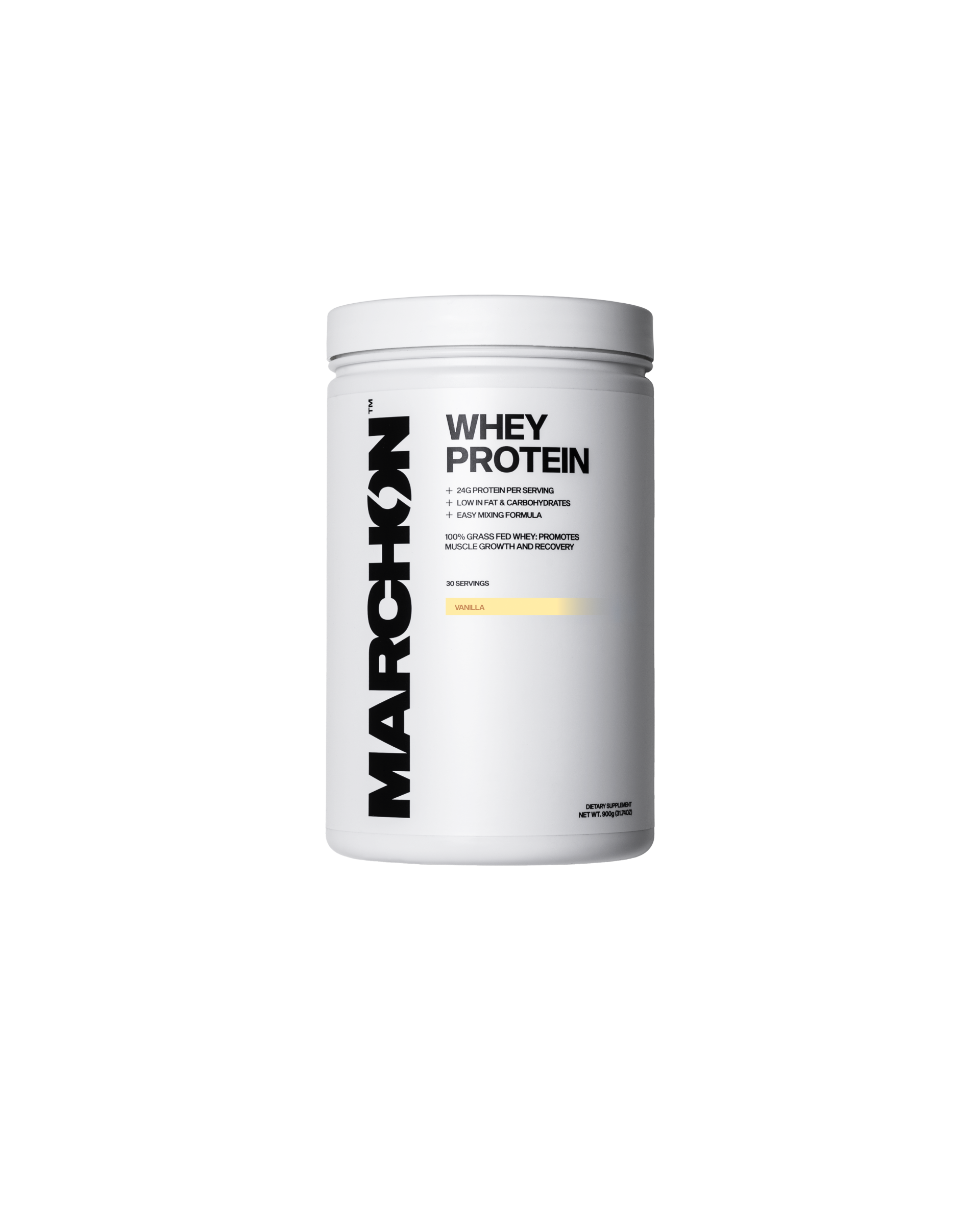 Container of Marchon Vanilla whey protein powder on a white background