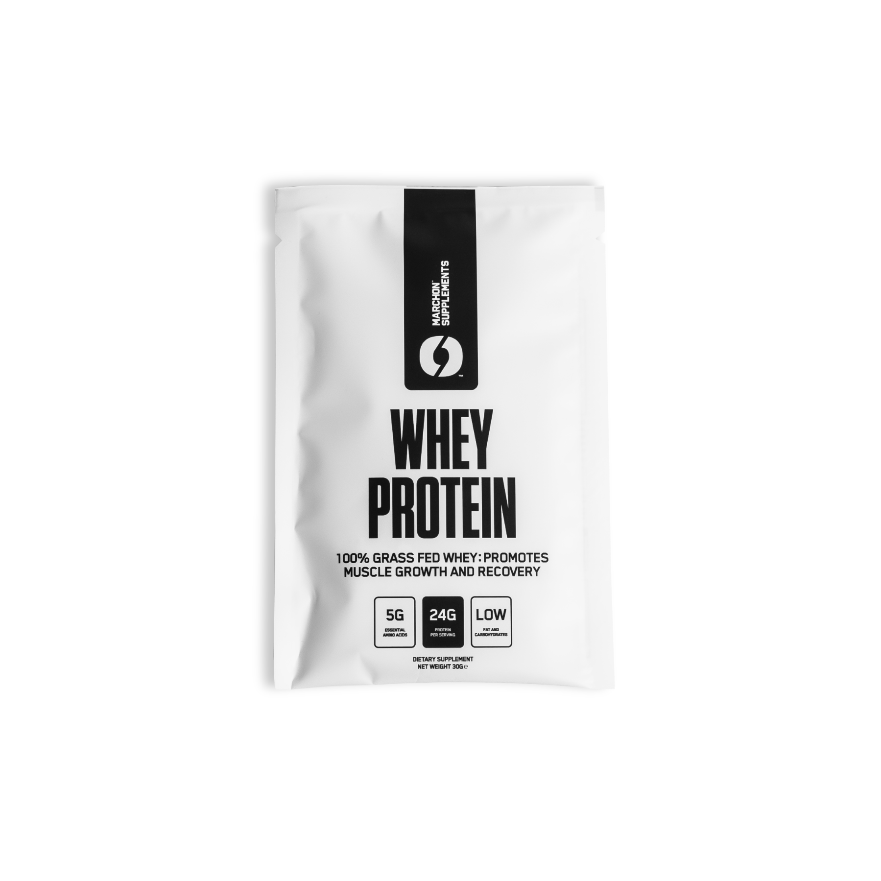 A 30g whey protein sample sachet from MARCHON, with branding and product information displayed on the front.